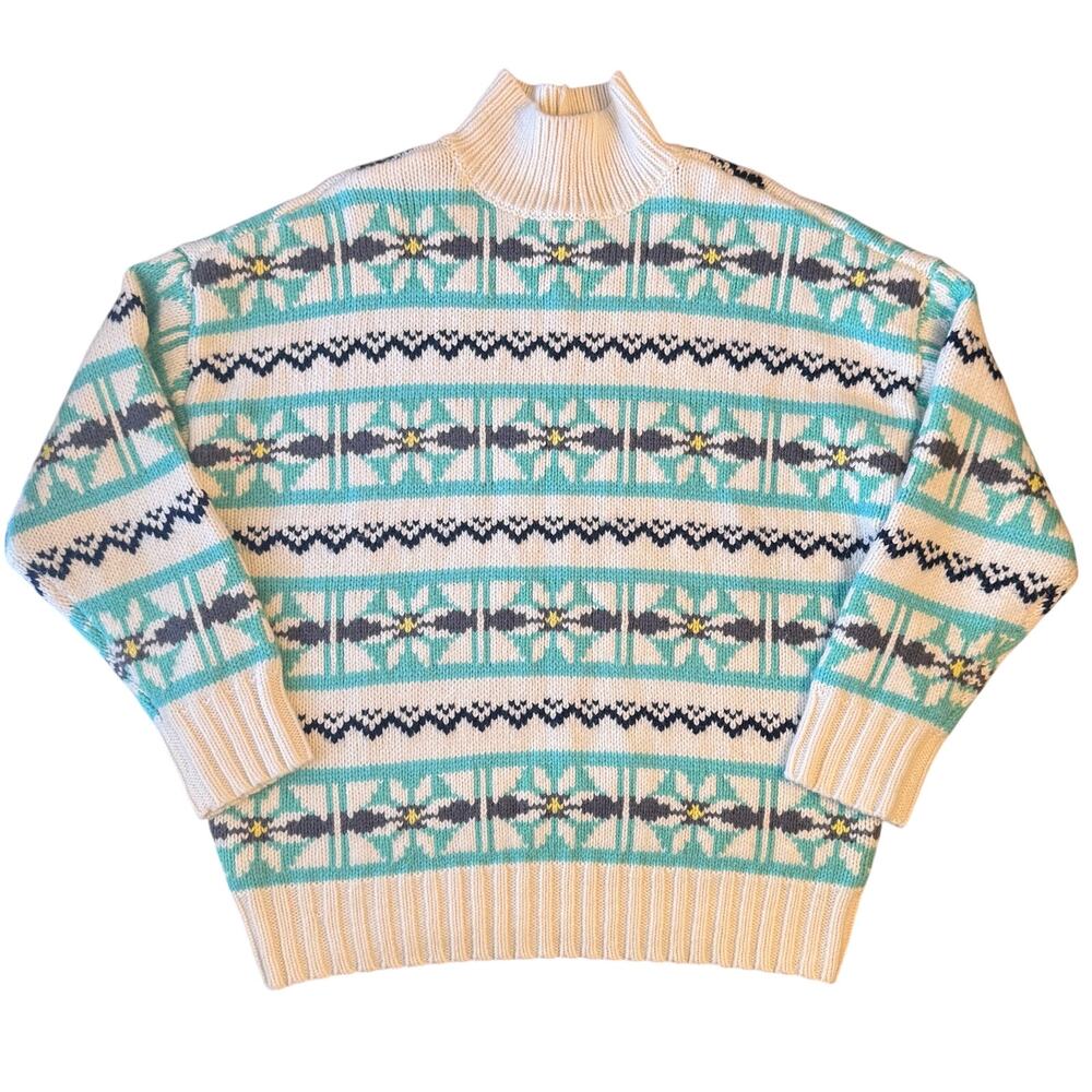 American Eagle Sweater Fair Isle Mock Neck Oversized Heavy Cream Women’s Small - Picture 1 of 9